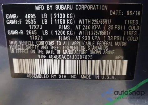 2018 Subaru Outback 2.5I Premium z USA, uszkodzony, nr VIN 4S4BSACC4J3387825